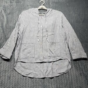 Tahari 100% Linen Striped Hoodie Button Shirt Roll‎ Tab Sleeves Size M